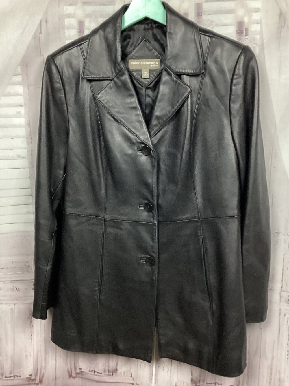 Valerie Stevens Black Leather Button Up Jacket Petite M